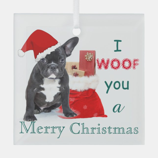 "I woof you a Merry Christmas" Bulldog Puppy  Glass Ornament (Front)