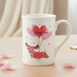 I Woof You Cute Dachshund Dog Red Heart Balloons Bone China Mug<br><div class="desc">I Woof You Cute Dachshund Dog Red Pink Heart Balloons Bone China Mug features a cute Dachshund dog wearing heart shaped glasses being carried in the air by red and pink heart shaped balloons with the text "I Woof You" in modern script typography. Accented with cute red love hearts. Perfect...</div>