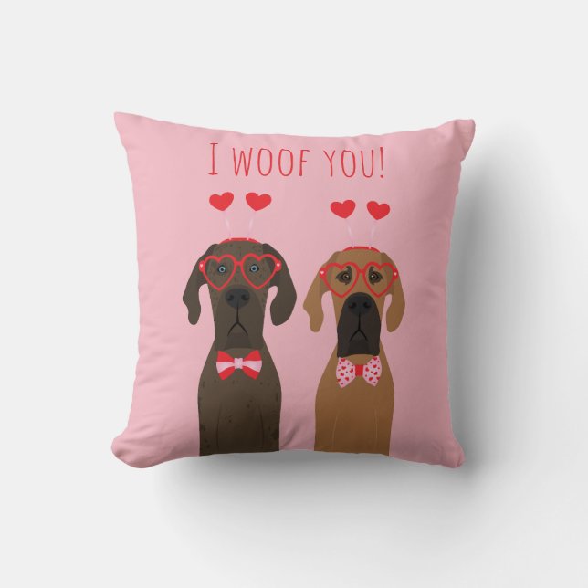 I Woof You Valentines Day Great Dane Dogs Throw Pillow (Front)