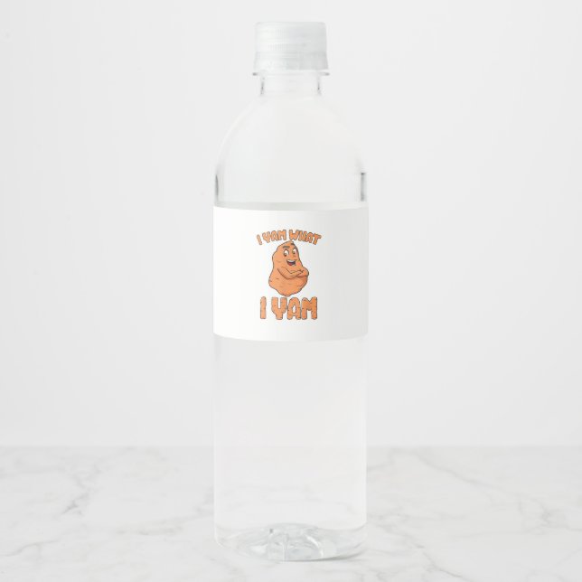 I Yam What I Yam Sweet Potato Funny Thanksgiving Water Bottle Label (Front)
