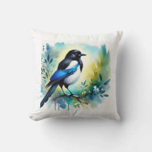 Iberian Magpie 110924AREF122 - Watercolor Throw Pillow