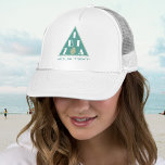 Ibiza Spain logo modern beach colours Sticker Trucker Hat<br><div class="desc">A beach cappie featuring a sleek and modern Ibiza logo in light green blueish beach colours,  with the option to add your own text i.e. name,  DJ name,  or to leave it blank. This stylish and distinctive fashion element is perfect to demonstrate your love for this special spanish island.</div>