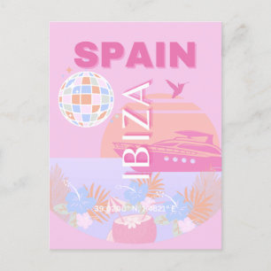 Ibiza, Spain, Travel Art, Preppy Art, Pink Holiday Postcard