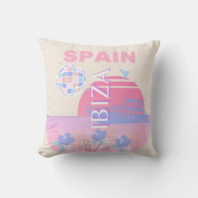 Ibiza, Spain, Travel Art, Preppy Art, Pink Throw Pillow (Front)