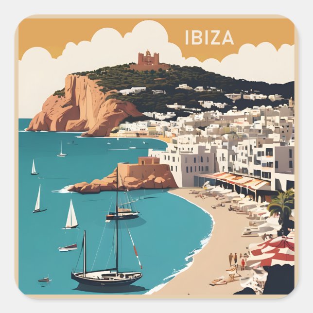 Ibiza, Spain Travel Poster Square Sticker (Front)