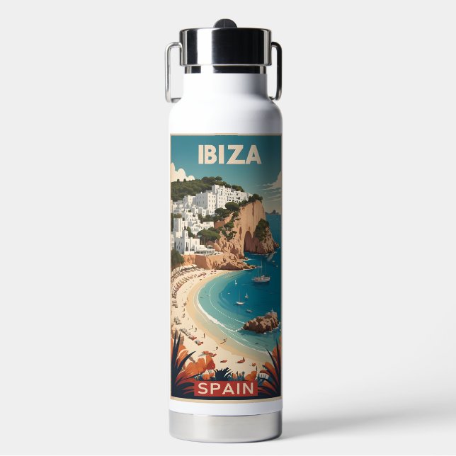 Ibiza, Spain Travel Poster Water Bottle (Front)