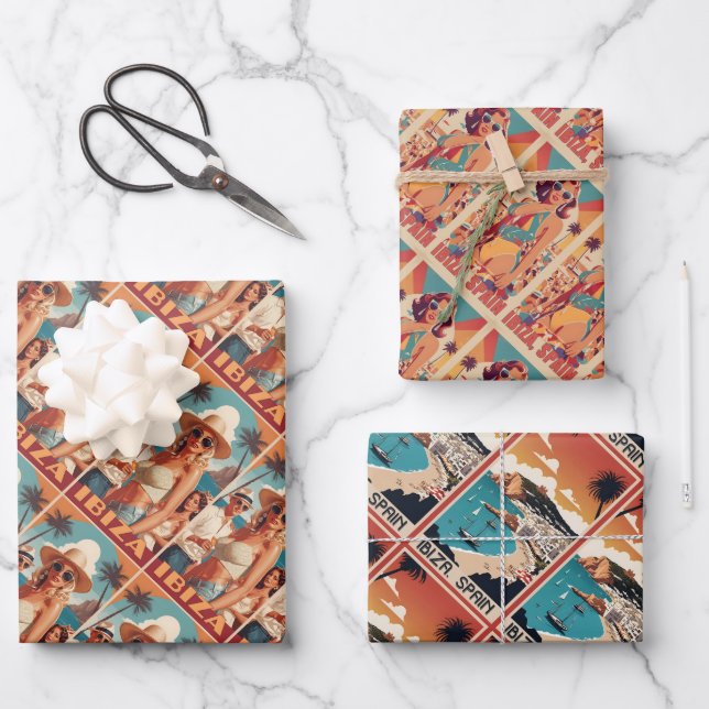 Ibiza, Spain Travel Poster Wrapping Paper Sheet (Front)