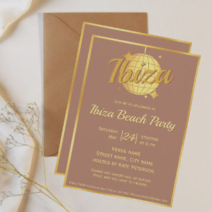 Ibiza themed eivissa gold disco ball mocha mousse invitation