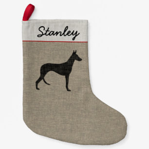 Ibizan Hound Silhouette Faux Linen Dog Breed Xmas Small Christmas Stocking