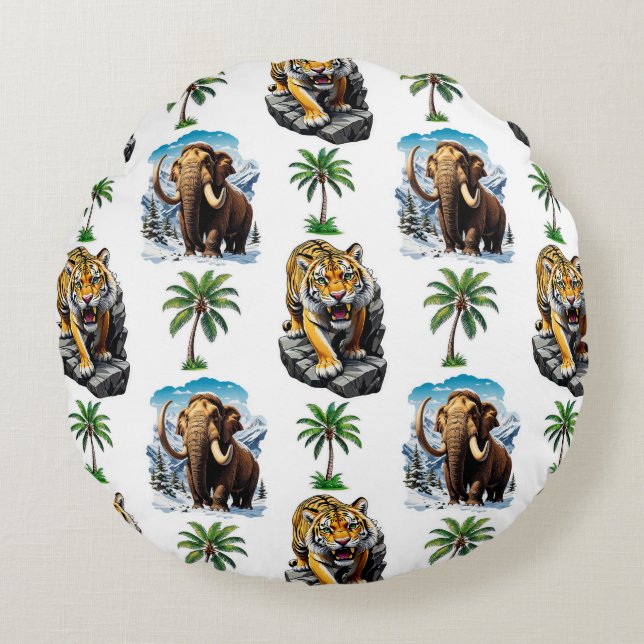 Ice Age Mammoth Sabertooth Tiger Pattern Design  Round Pillow (Front)