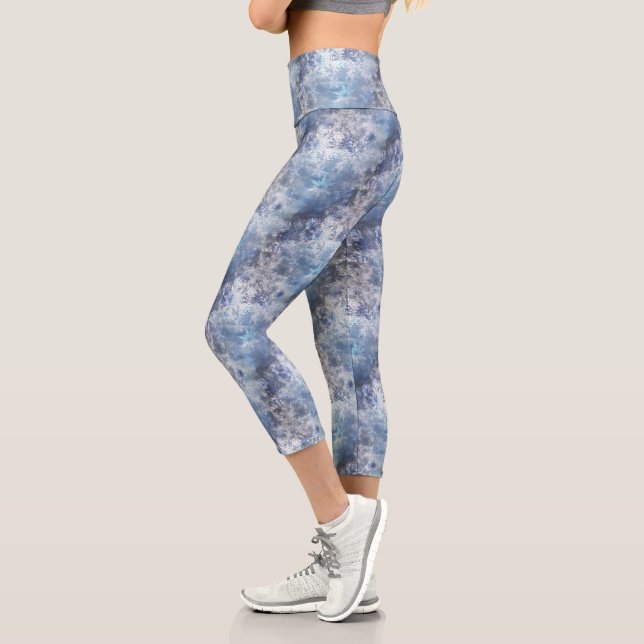 Ice and Snow Textured Blue Christmas Pattern Capri Leggings (Left)