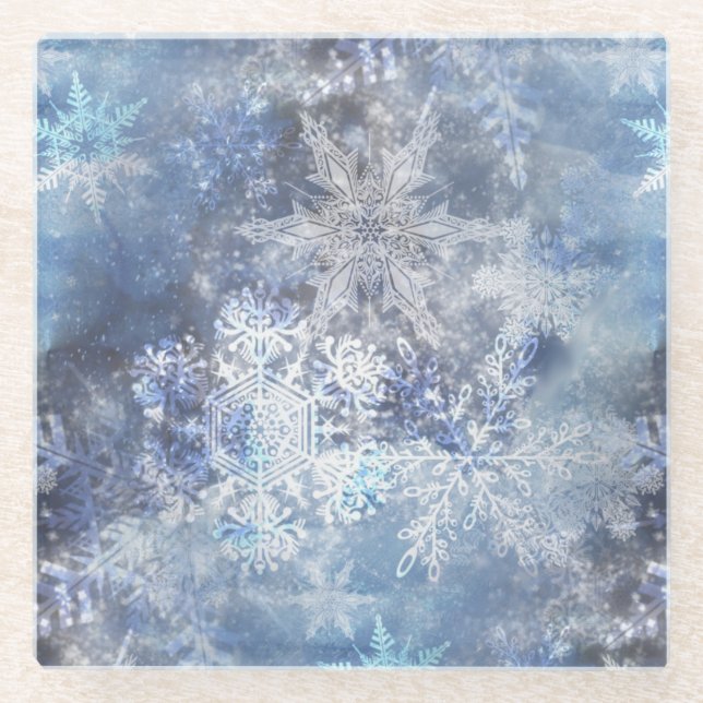 Ice and Snow Textured Blue Christmas Pattern Glass Coaster (Front)