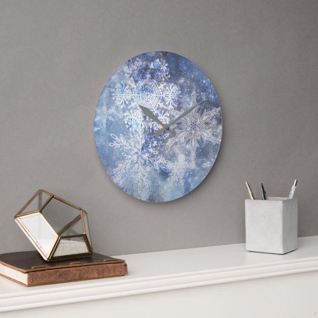 Ice and Snow Textured Blue Christmas Pattern Large Clock (Office)