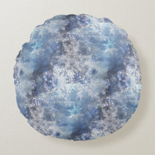 Ice and Snow Textured Blue Christmas Pattern Round Pillow