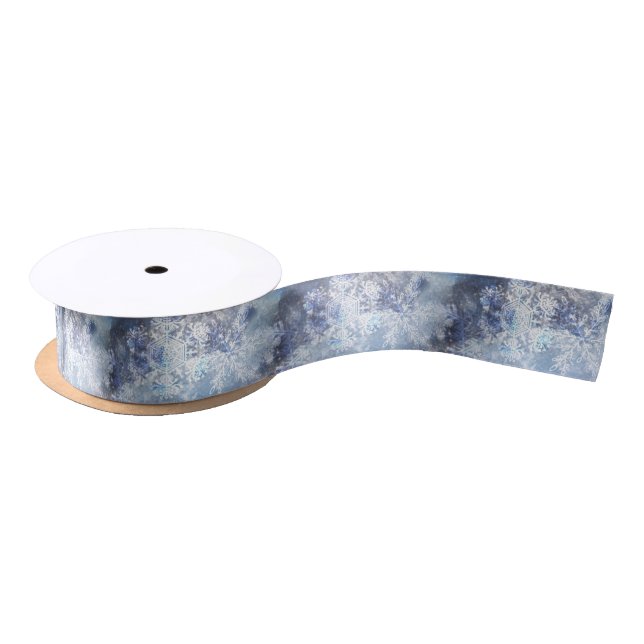 Ice and Snow Textured Blue Christmas Pattern Satin Ribbon (Spool)