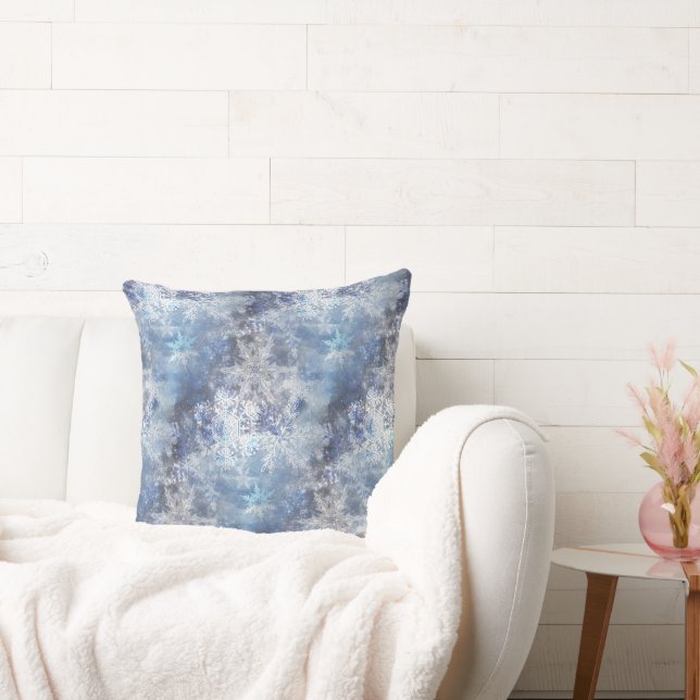 Ice and Snow Textured Blue Christmas Pattern Throw Pillow (Couch)