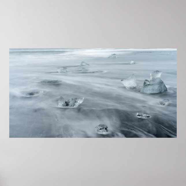 Ice and water on a beach, iceland poster (Front)