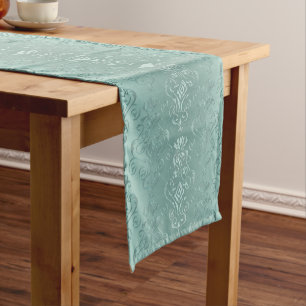 Ice Aqua Vintage Damask Print Short Table Runner