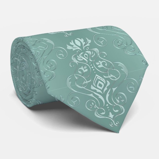 Ice Aqua Vintage Damask Print Tie (Rolled)