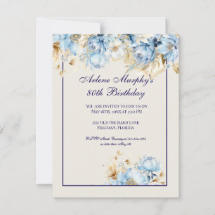 Ice Blue and Navy Floral Birthday Invitation