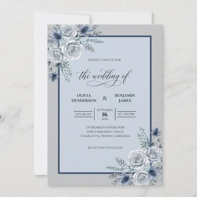 Ice Blue Bloom Wedding Invitation (Front)