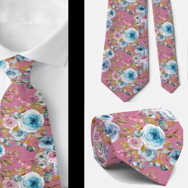 Ice Blue Blush Pink Floral Watercolor Roses Tie (Creator Uploaded)