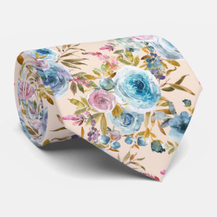 Ice Blue Blush Pink Floral Watercolor Roses Tie