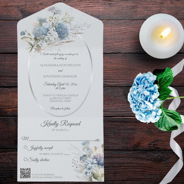 Ice Blue Bohemian Flowers on Blue QR Code All In One Invitation (Creator Uploaded)