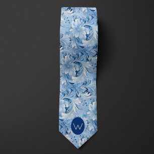 Ice Blue Botanical Monogram Tie