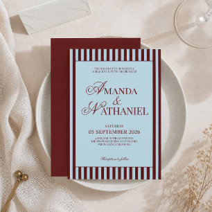 Ice Blue & Burgundy Stripes Retro Wedding Invitation