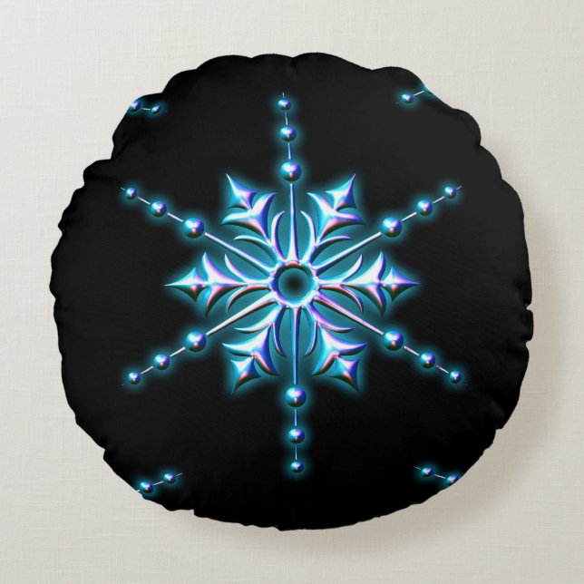 Ice Blue Christmas Star Christmas Round Pillow (Front)
