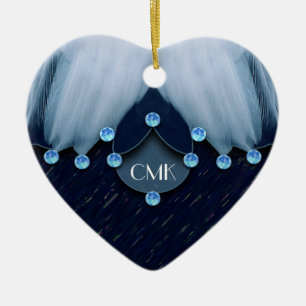 Ice Blue Diamonds and Feathers Ceramic Ornament