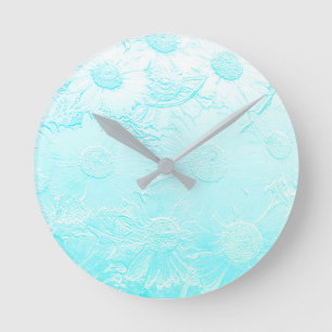 Ice blue embossed flowers round clock
