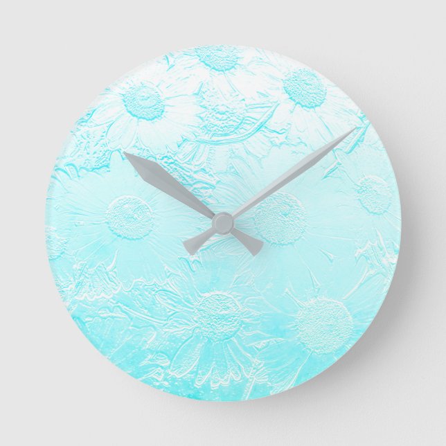 Ice blue embossed flowers round clock (Front)