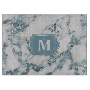 Ice Blue Faux Marble Glitter Monogram Cutting Board