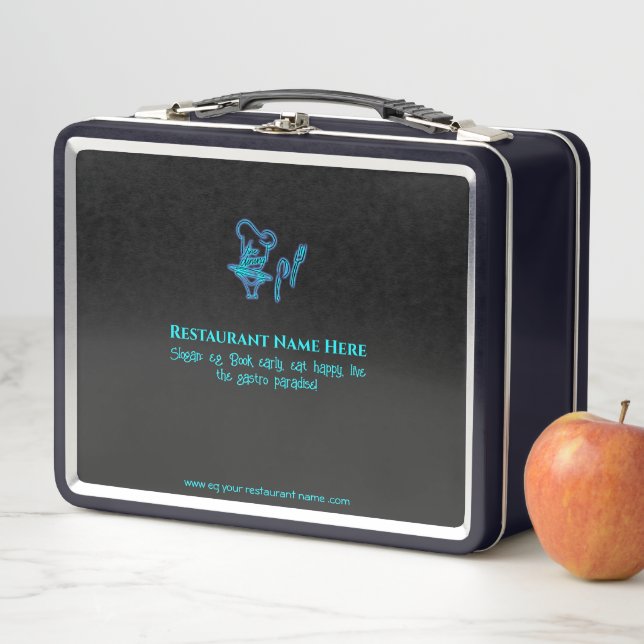 Ice blue fine dining restaurant logo  metal lunch box (In Situ)