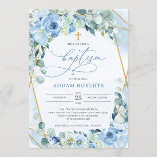 Ice Blue Floral Gold Geometric Frame Boy Baptism Invitation