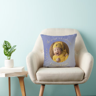 Ice Blue Glitter Baby’s First Christmas  Throw Pillow
