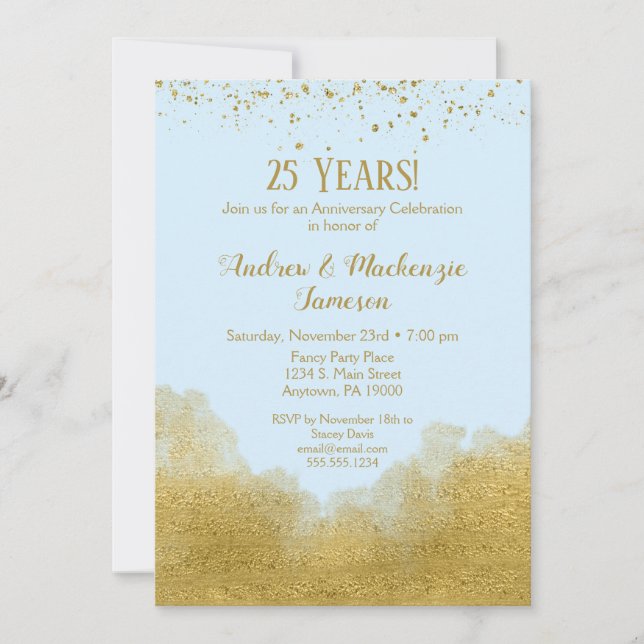 Ice Blue Gold Confetti Anniversary Invitation (Front)