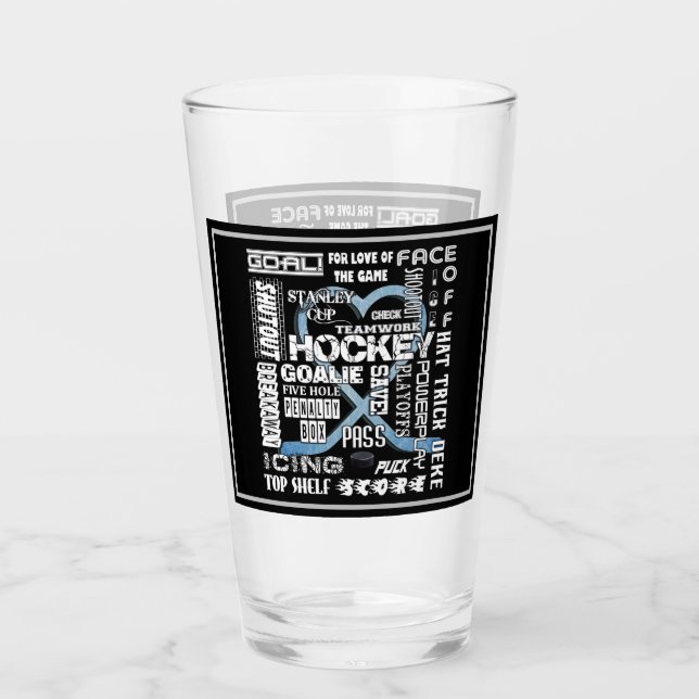 Ice Blue Heart Hockey Words White Logo Glass (Front)