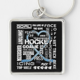 Ice Blue Heart Hockey Words White Logo Keychain