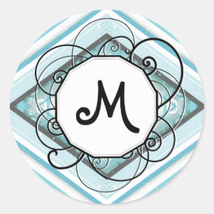 Ice Blue Modern-Retro Stripe Diamond with Monogram Classic Round Sticker