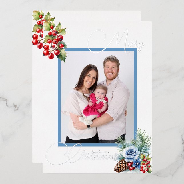 Ice Blue on White with Berries Christmas Greeting Foil Holiday Card (Front/Back)
