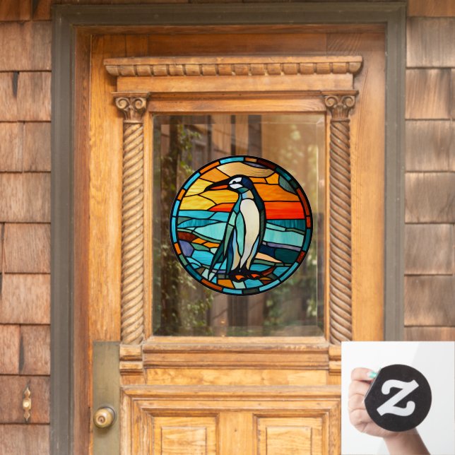 Ice Blue Penguin Sunset Faux Stained Glass  Window Cling (Home Door)
