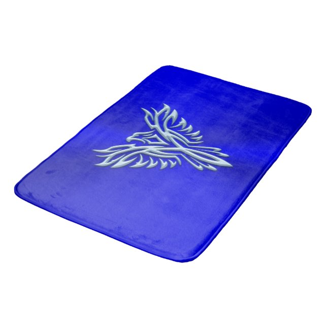 Ice-blue Phoenix Rising on royal blue Bath Mat (Angled)