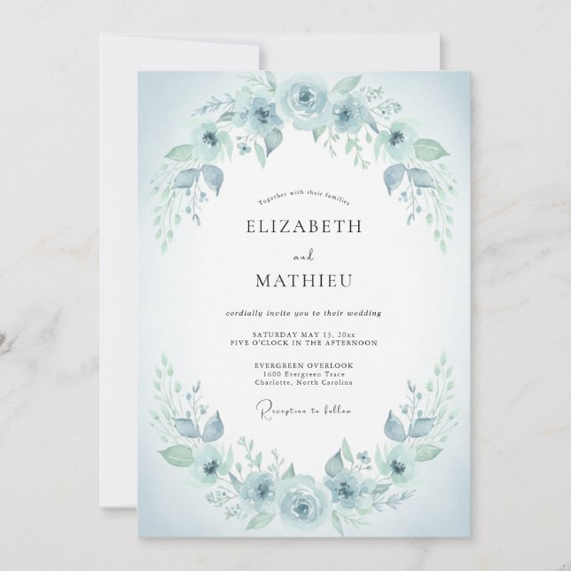 Ice Blue Romantic Botanical Wedding Invitation (Front)
