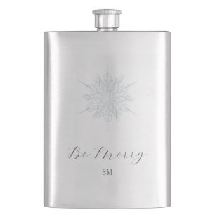 Ice Blue Snowflake Elegant Be Merry Monogram Hip Flask