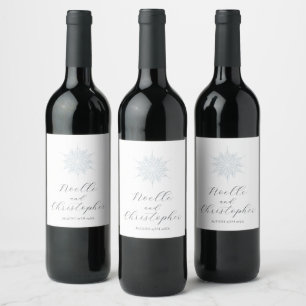 Ice Blue Snowflake Elegant Winter Wedding Wine Label