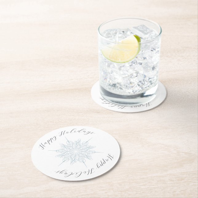 Ice Blue Snowflake Happy Holidays Christmas Round Paper Coaster (Insitu)