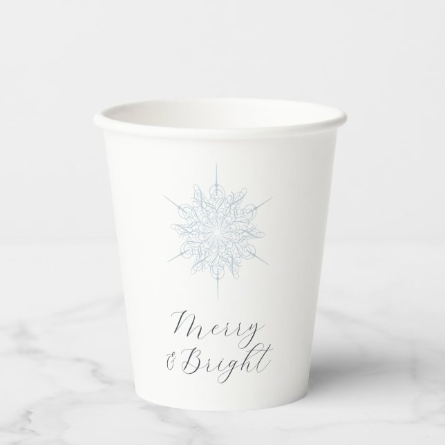 Ice Blue Snowflake Merry & Bright Christmas Party Paper Cups (Front)